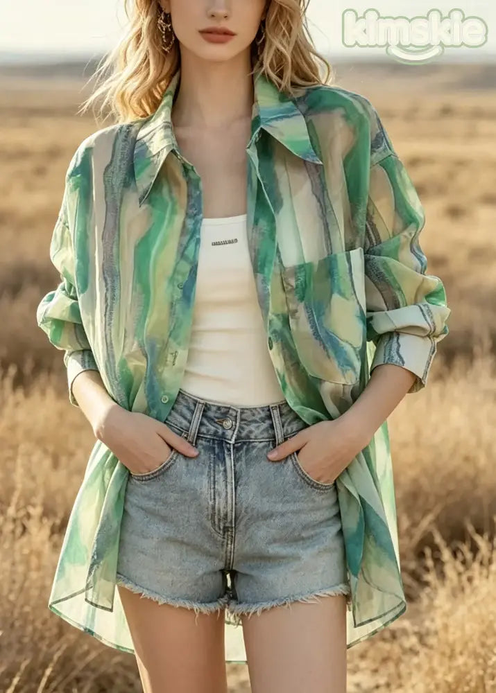 Casual Green Oversized Tie Dye Chiffon UPF 50+ Shirt Summer