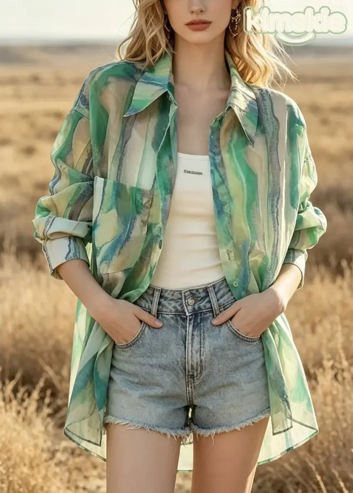 Casual Green Oversized Tie Dye Chiffon UPF 50+ Shirt Summer