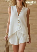 Casual White Asymmetrical Top And Shorts Cotton Two Pieces Set Summer
