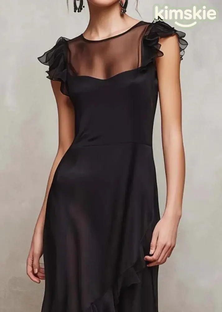 Chic Black O-Neck Ruffled Patchwork Chiffon Dress Summer