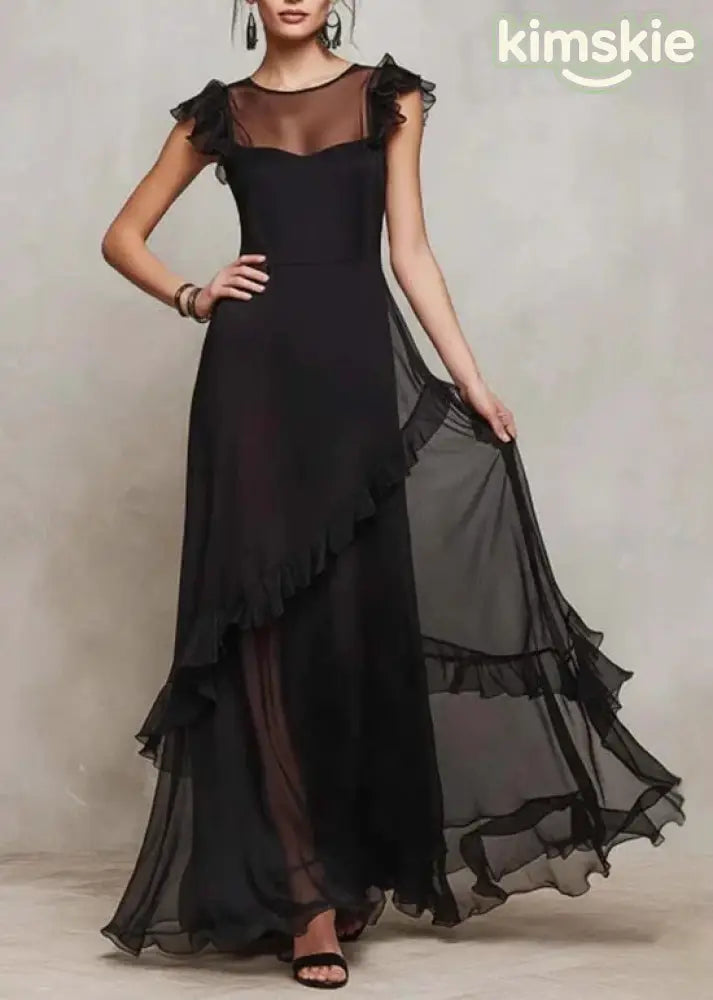 Chic Black O-Neck Ruffled Patchwork Chiffon Dress Summer