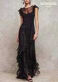 Chic Black O-Neck Ruffled Patchwork Chiffon Dress Summer