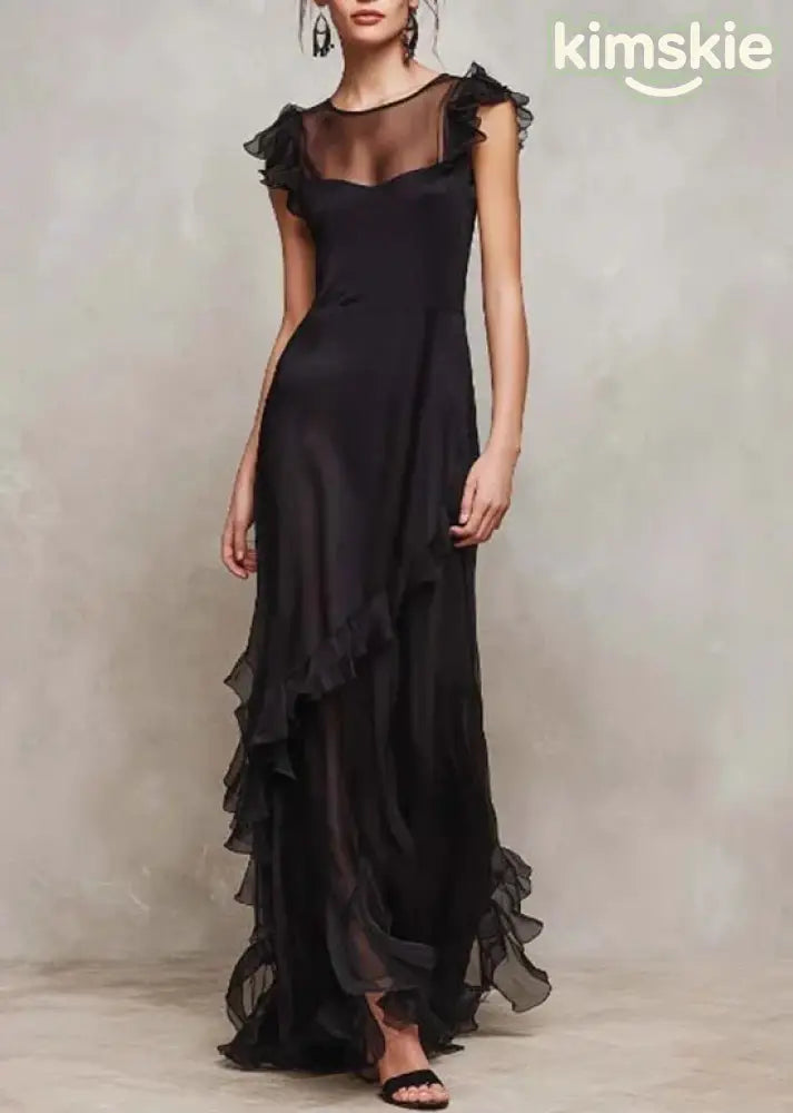 Chic Black O-Neck Ruffled Patchwork Chiffon Dress Summer
