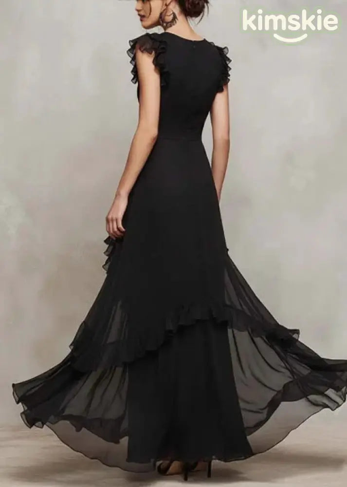 Chic Black O-Neck Ruffled Patchwork Chiffon Dress Summer