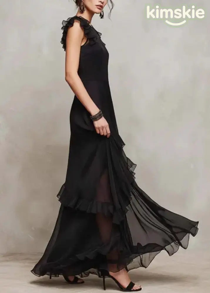 Chic Black O-Neck Ruffled Patchwork Chiffon Dress Summer