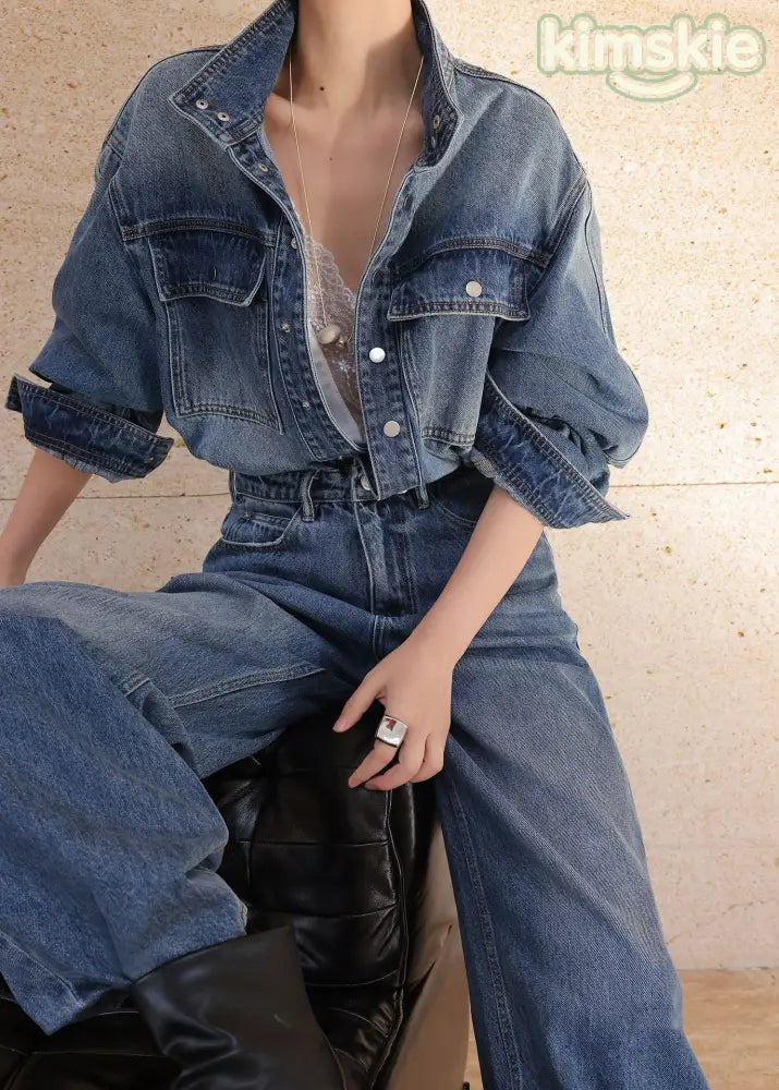 Chic Blue Peter Pan Collar Pockets Patchwork Denim Jumpsuit Fall - S(Fit for EU 38-40, US 6-8, UK/AU 10-12, IT 42-44)