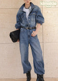 Chic Blue Peter Pan Collar Pockets Patchwork Denim Jumpsuit Fall - S(Fit for EU 38-40, US 6-8, UK/AU 10-12, IT 42-44)