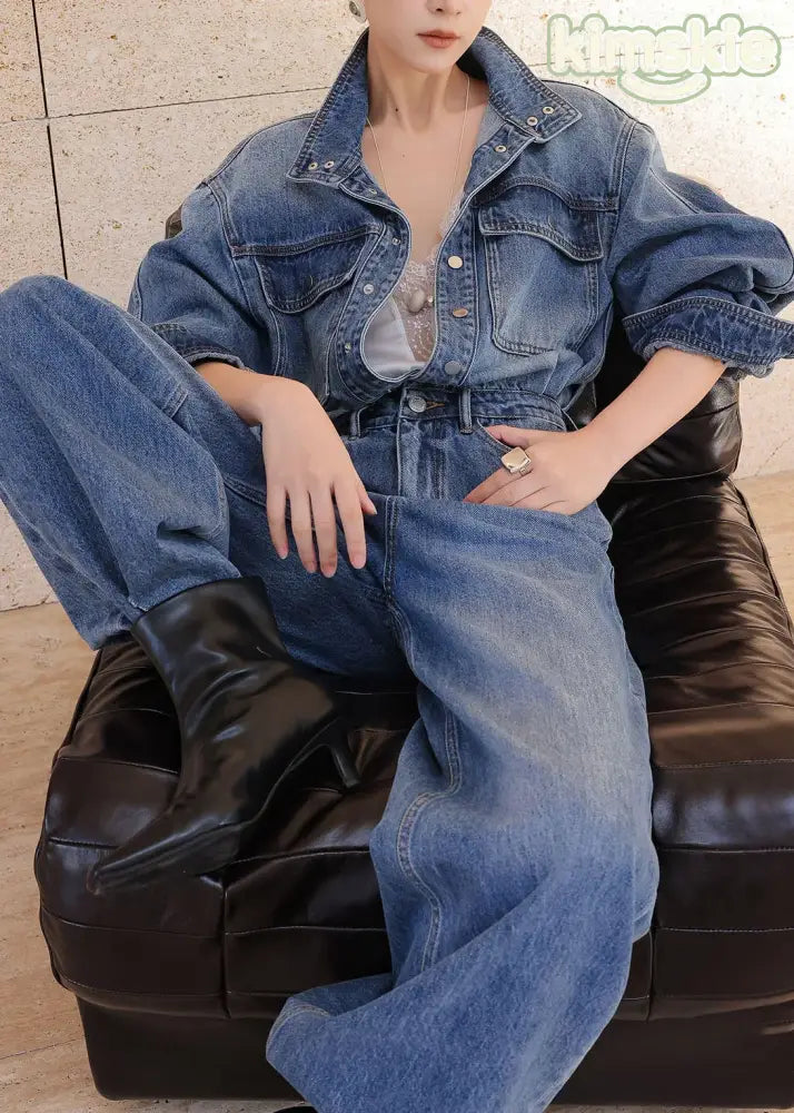 Chic Blue Peter Pan Collar Pockets Patchwork Denim Jumpsuit Fall - S(Fit for EU 38-40, US 6-8, UK/AU 10-12, IT 42-44)