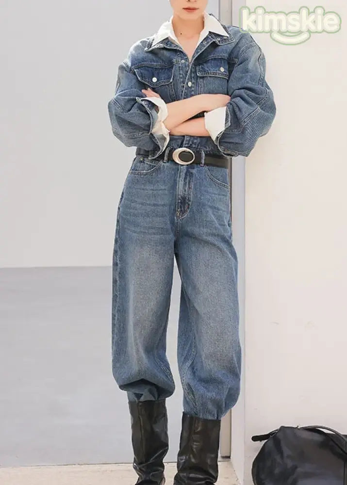 Chic Blue Peter Pan Collar Pockets Patchwork Denim Jumpsuit Fall - S(Fit for EU 38-40, US 6-8, UK/AU 10-12, IT 42-44)
