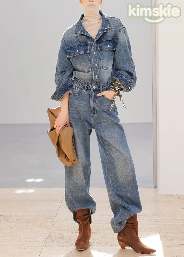 Chic Blue Peter Pan Collar Pockets Patchwork Denim Jumpsuit Fall - S(Fit for EU 38-40, US 6-8, UK/AU 10-12, IT 42-44)