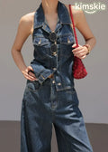 Chic Blue Peter Pan Collar Top And Pants Denim Two Pieces Set Sleeveless - S(Fit for EU 38-40, US 6-8, UK/AU 10-12, IT