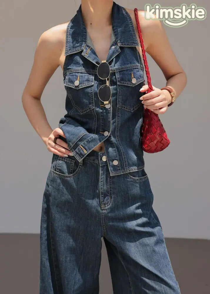Chic Blue Peter Pan Collar Top And Pants Denim Two Pieces Set Sleeveless - S(Fit for EU 38-40, US 6-8, UK/AU 10-12, IT