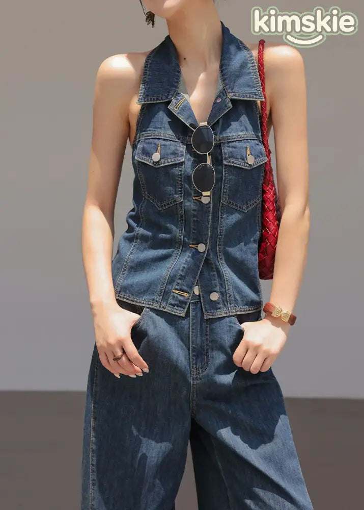 Chic Blue Peter Pan Collar Top And Pants Denim Two Pieces Set Sleeveless - S(Fit for EU 38-40, US 6-8, UK/AU 10-12, IT
