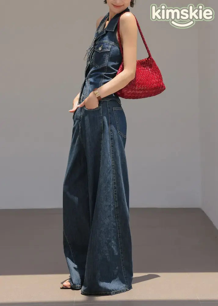 Chic Blue Peter Pan Collar Top And Pants Denim Two Pieces Set Sleeveless - S(Fit for EU 38-40, US 6-8, UK/AU 10-12, IT