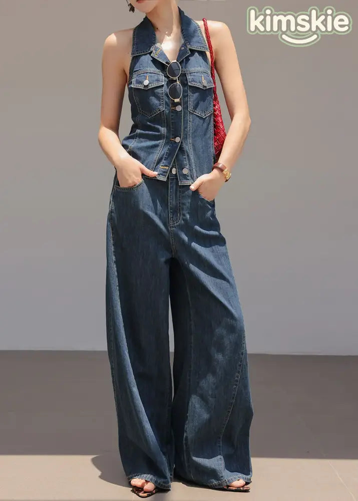 Chic Blue Peter Pan Collar Top And Pants Denim Two Pieces Set Sleeveless - S(Fit for EU 38-40, US 6-8, UK/AU 10-12, IT