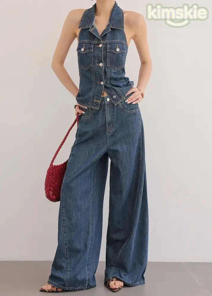 Chic Blue Peter Pan Collar Top And Pants Denim Two Pieces Set Sleeveless - S(Fit for EU 38-40, US 6-8, UK/AU 10-12, IT