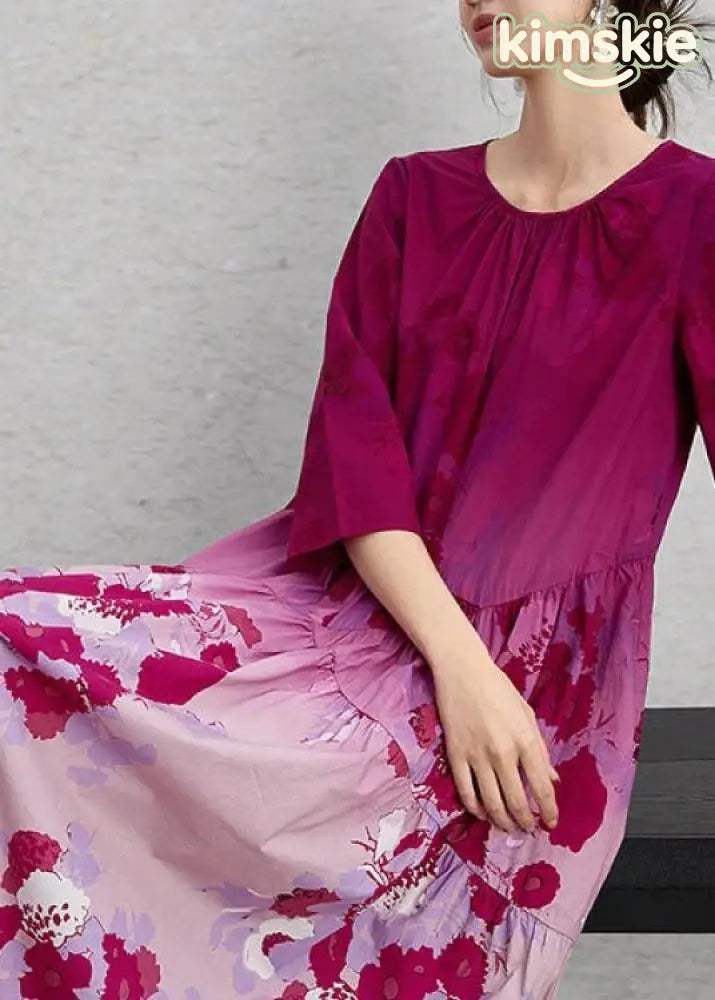 Chic Gradient Color O Neck Print Cotton Maxi Dresses Summer