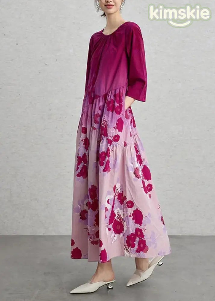 Chic Gradient Color O Neck Print Cotton Maxi Dresses Summer