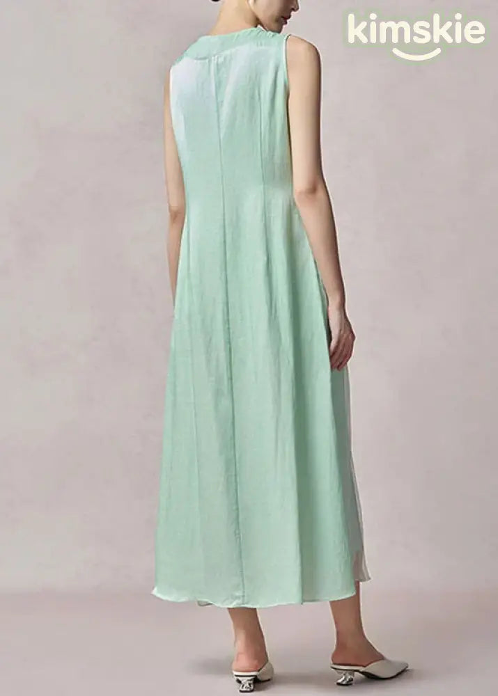 Chic Light Green O Neck Tassel Patchwork Silk Dress Sleeveless