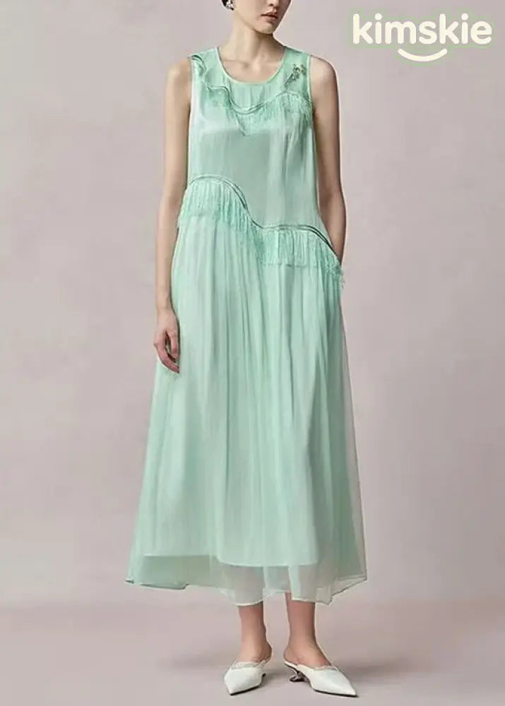 Chic Light Green O Neck Tassel Patchwork Silk Dress Sleeveless