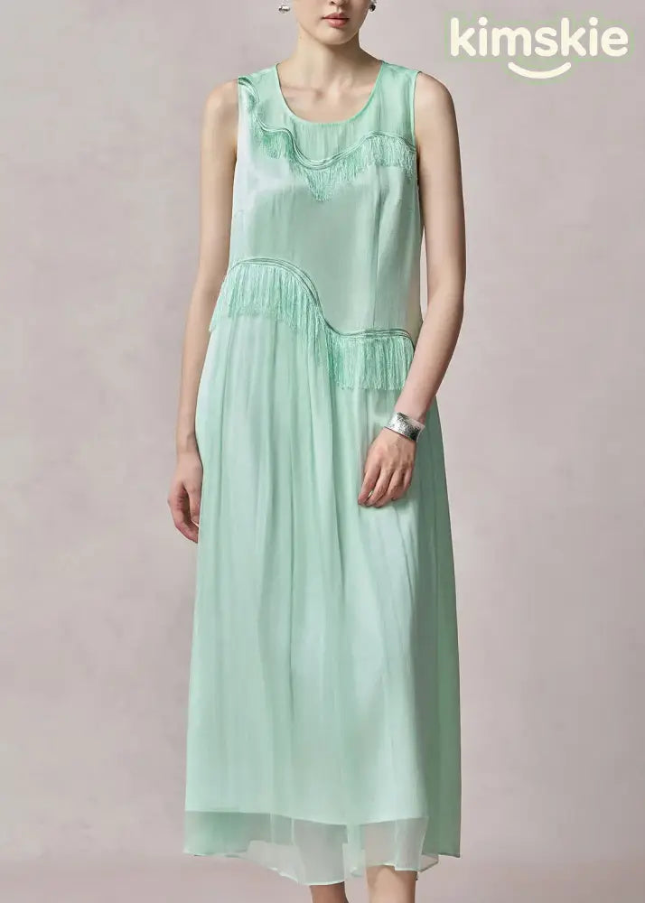 Chic Light Green O Neck Tassel Patchwork Silk Dress Sleeveless