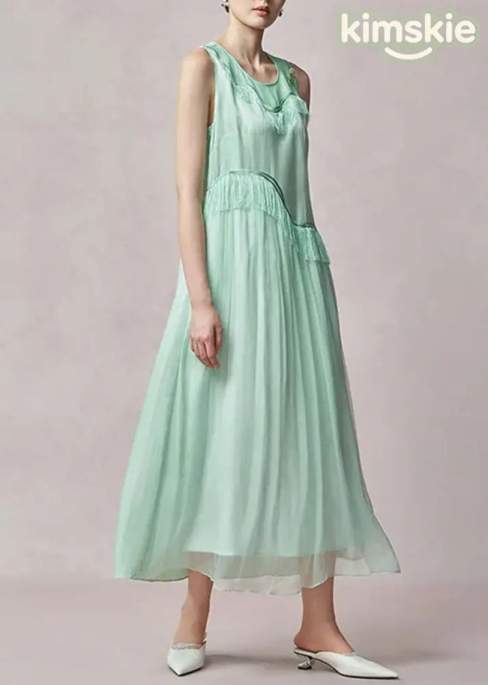 Chic Light Green O Neck Tassel Patchwork Silk Dress Sleeveless