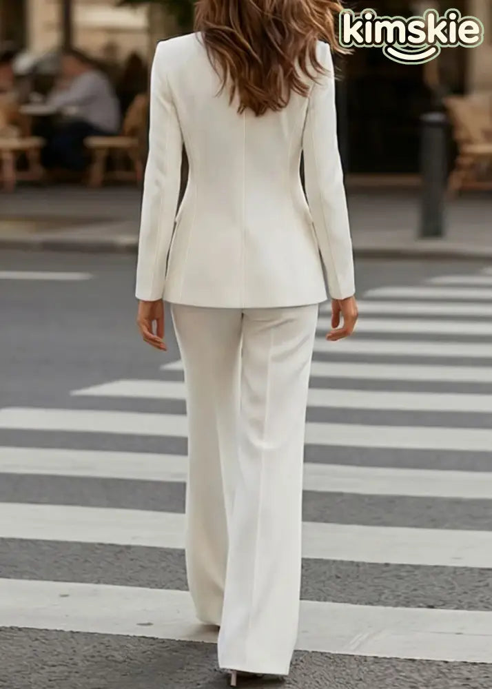 Chic White Petal Suit Coat And Pants Cotton Two Pieces Set Fall
