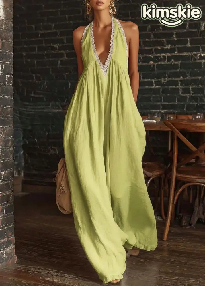 Chic Yellow V Neck Lace Patchwork Cotton Dresses Sleeveless