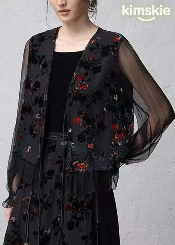 Chinese Style Black V Neck Jacquard Lace Up Silk Cardigans Summer