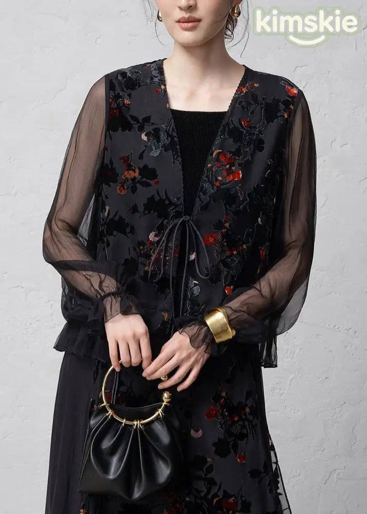 Chinese Style Black V Neck Jacquard Lace Up Silk Cardigans Summer