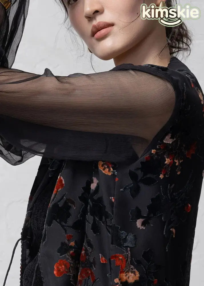 Chinese Style Black V Neck Jacquard Lace Up Silk Cardigans Summer