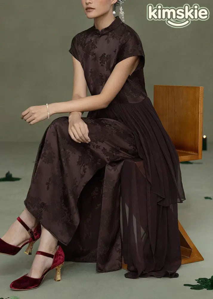 Chinese Style Coffee Jacquard Patchwork Silk Dress Summer