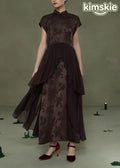 Chinese Style Coffee Jacquard Patchwork Silk Dress Summer