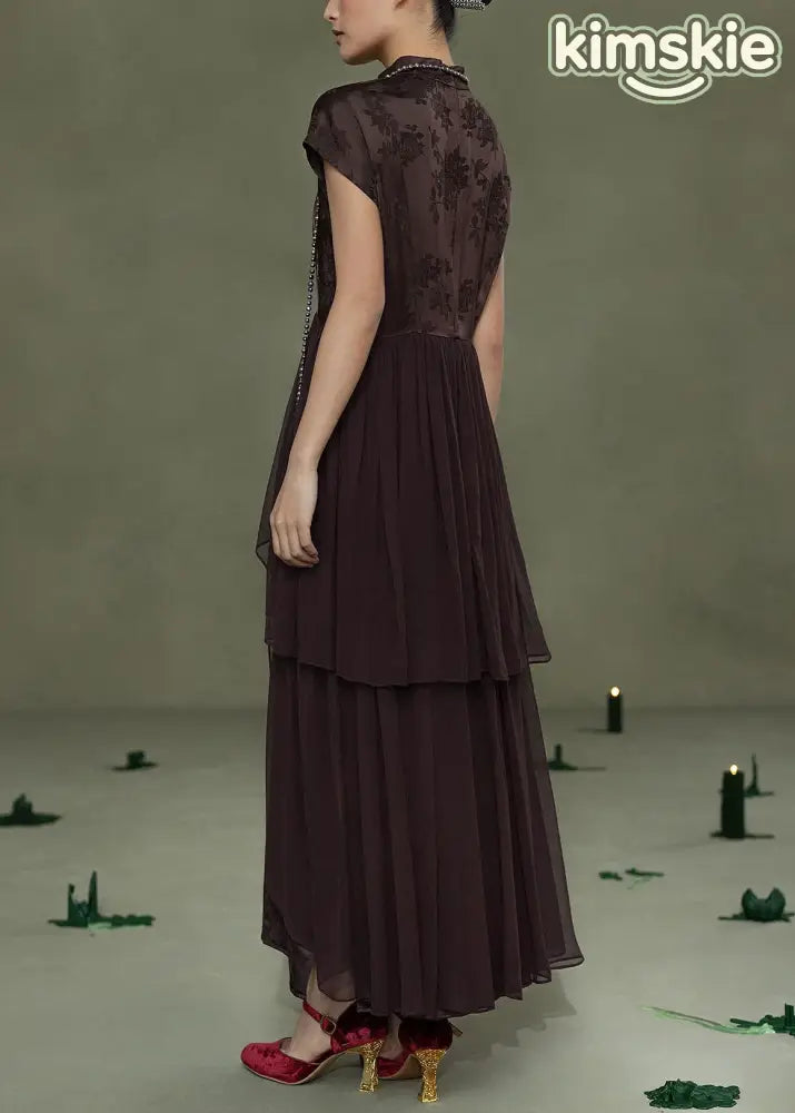 Chinese Style Coffee Jacquard Patchwork Silk Dress Summer
