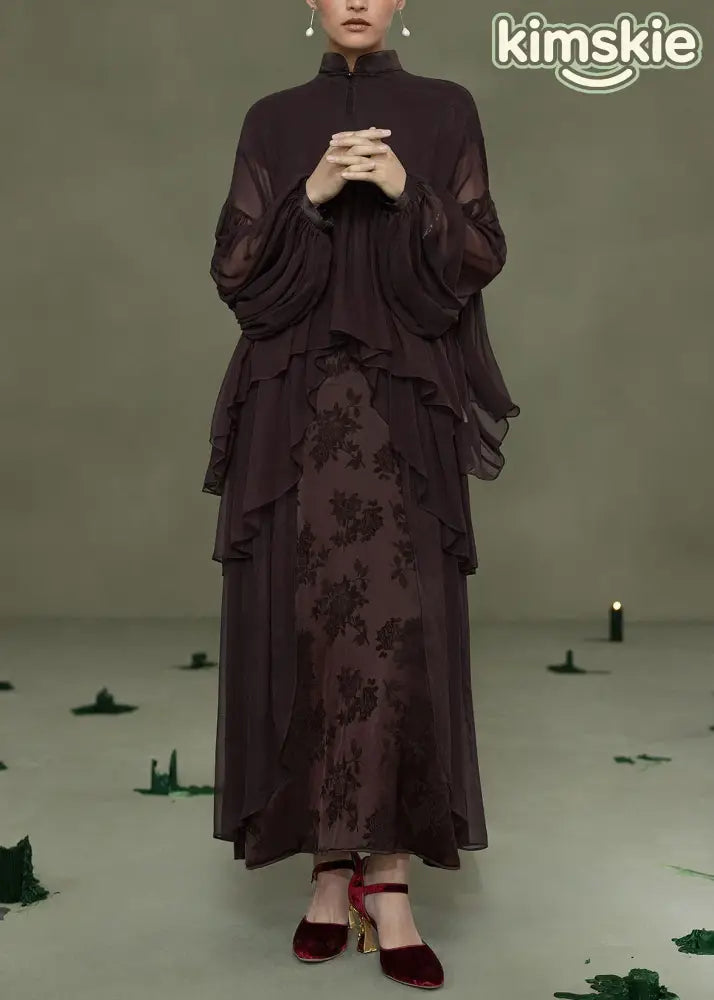 Chinese Style Coffee Jacquard Patchwork Silk Dress Summer