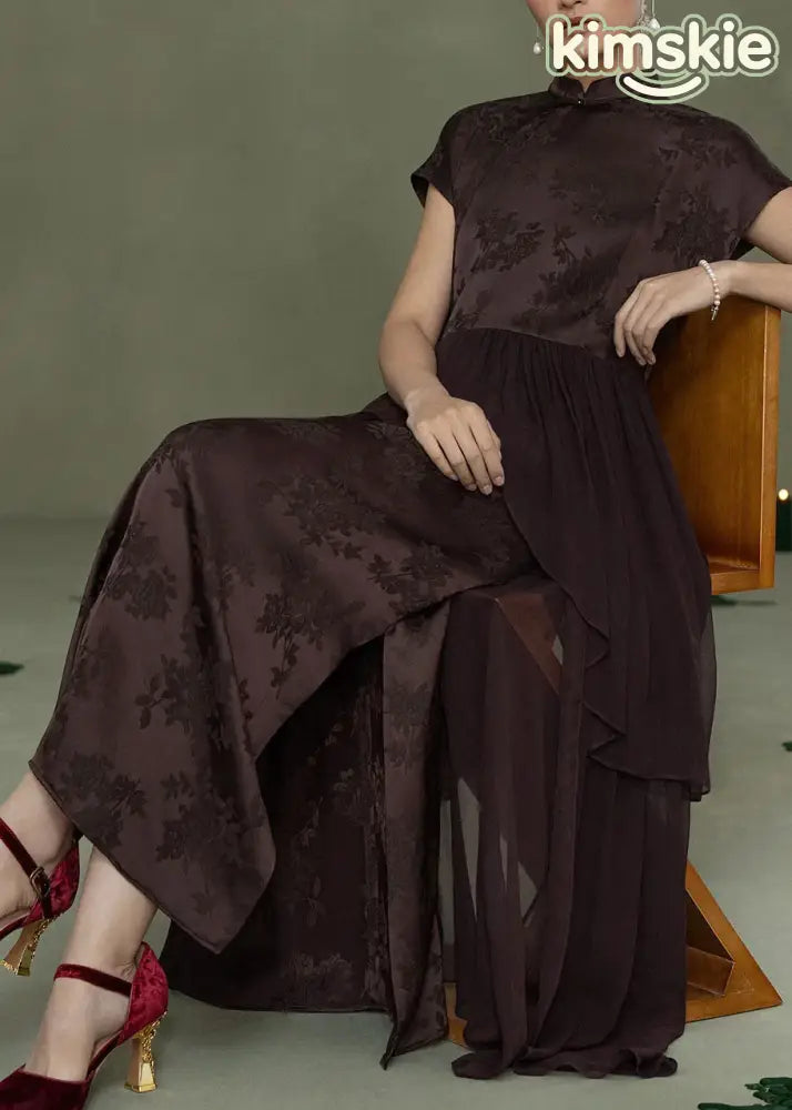 Chinese Style Coffee Jacquard Patchwork Silk Dress Summer
