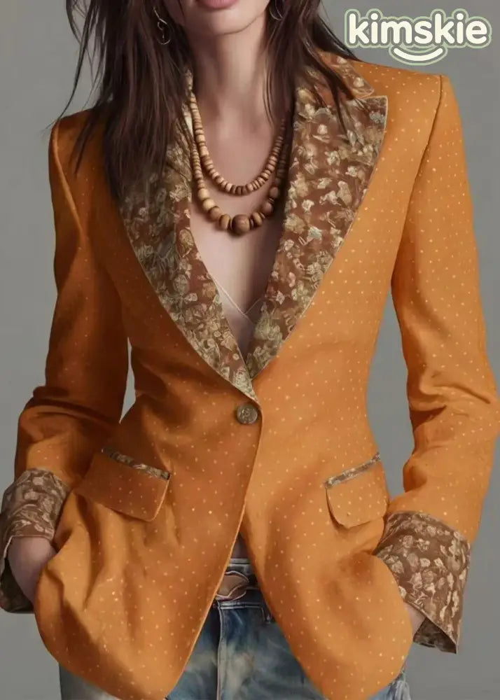 Classy Yellow Peter Pan Collar Print Cotton Suit Coats Fall