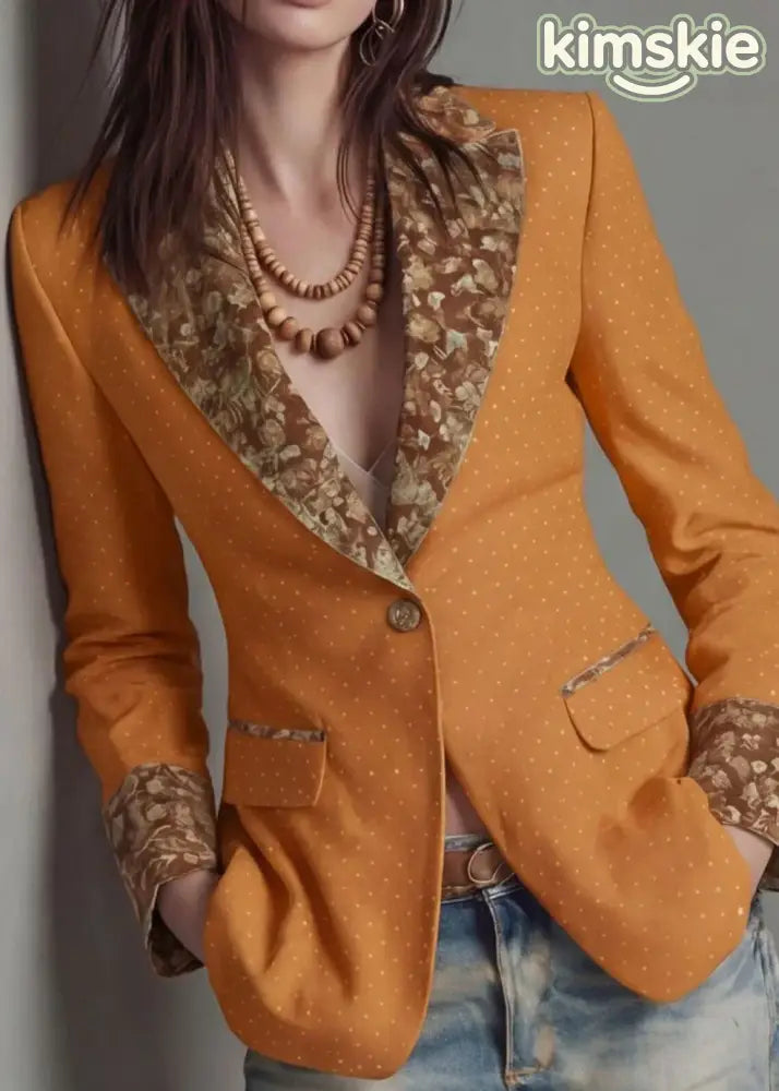Classy Yellow Peter Pan Collar Print Cotton Suit Coats Fall