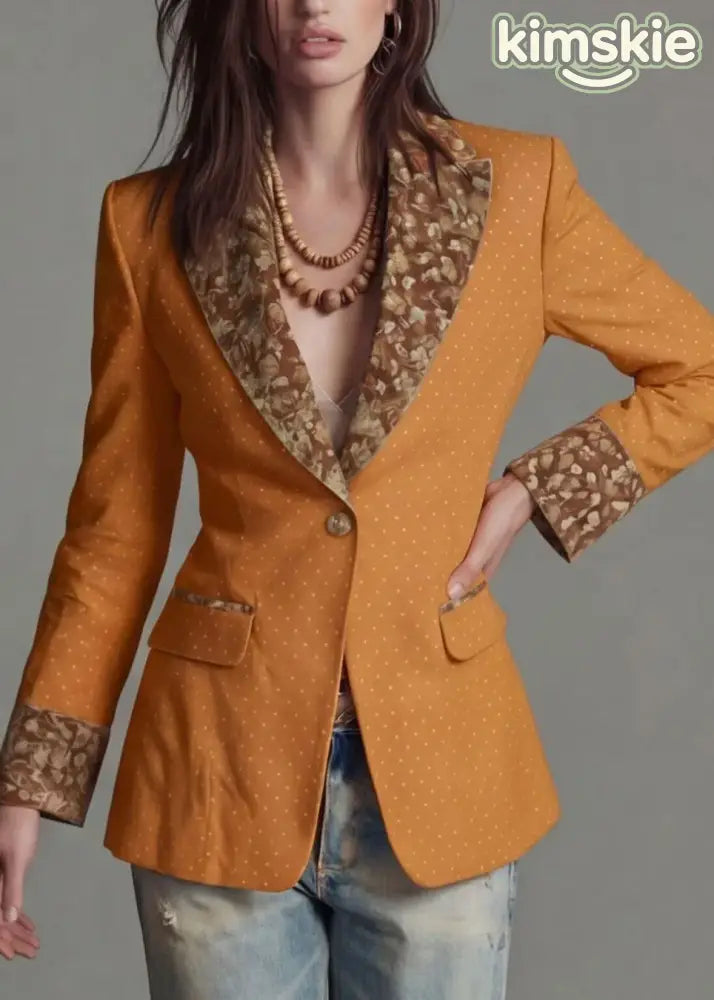 Classy Yellow Peter Pan Collar Print Cotton Suit Coats Fall