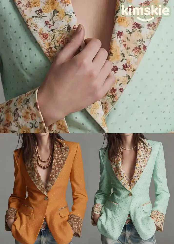 Classy Yellow Peter Pan Collar Print Cotton Suit Coats Fall