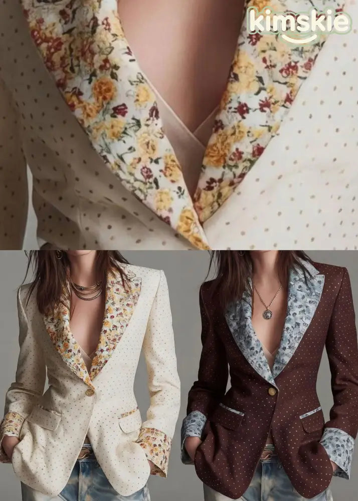 Coffee Print Patchwork Cotton Suit Coat Peter Pan Collar Fall