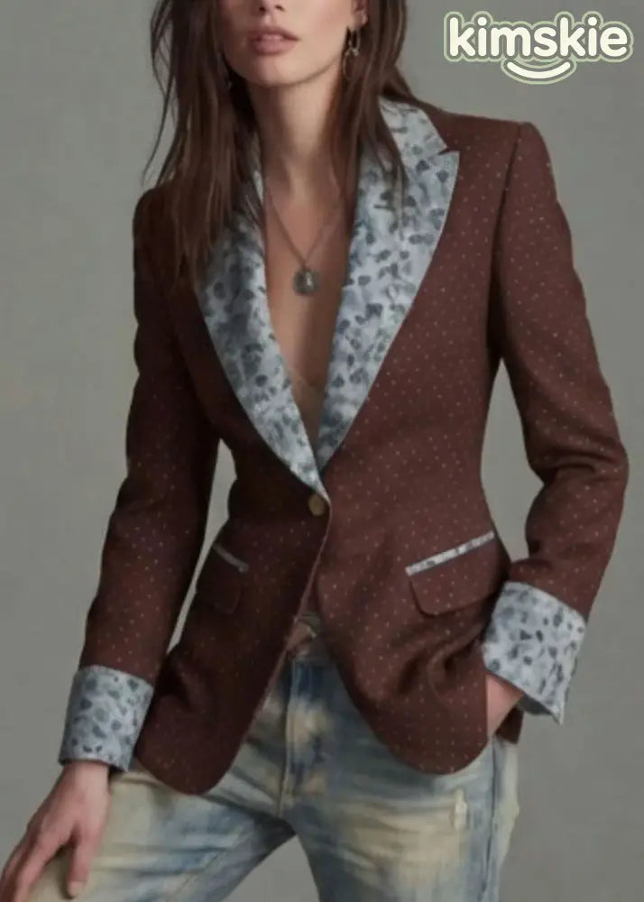 Coffee Print Patchwork Cotton Suit Coat Peter Pan Collar Fall