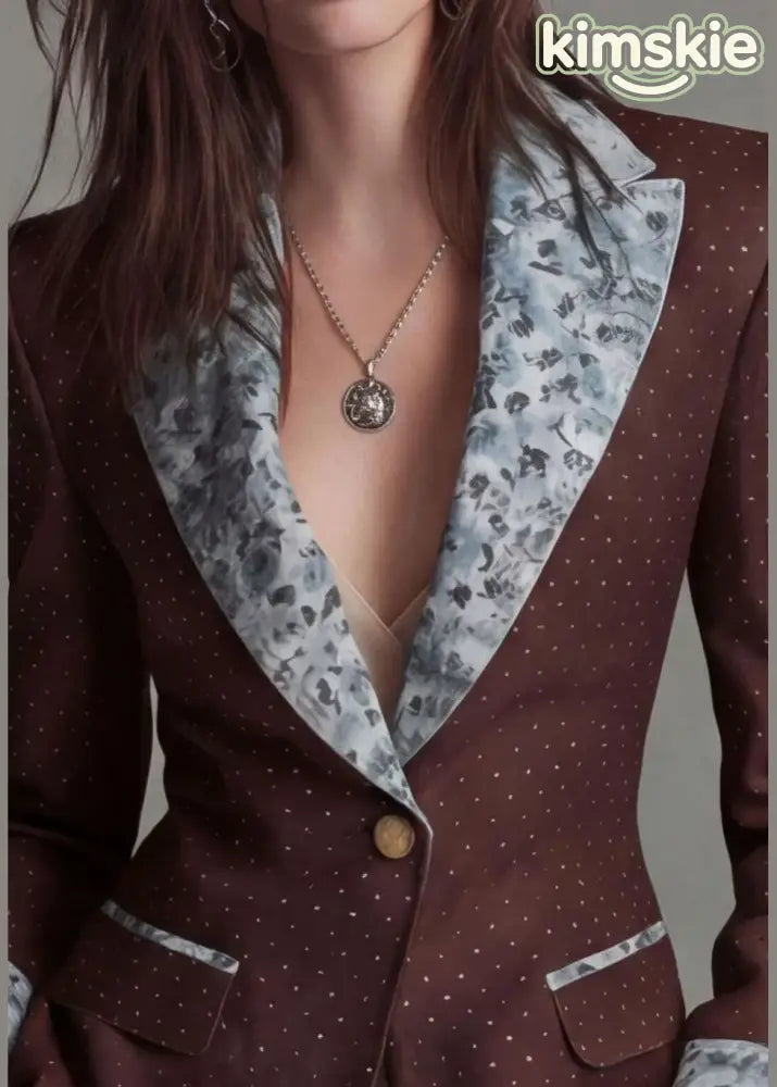 Coffee Print Patchwork Cotton Suit Coat Peter Pan Collar Fall