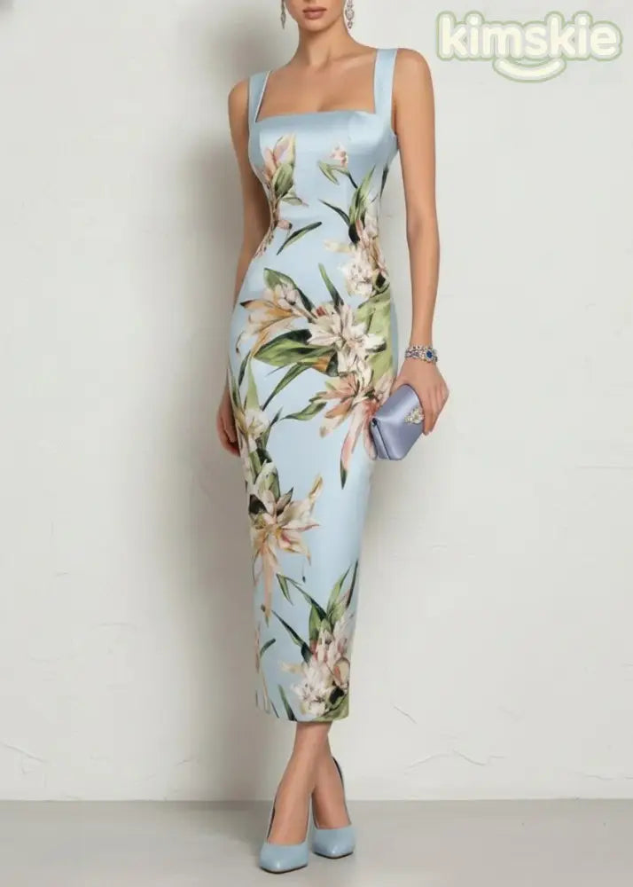 Dinner Pink Square Collar Print Long Dresses Summer