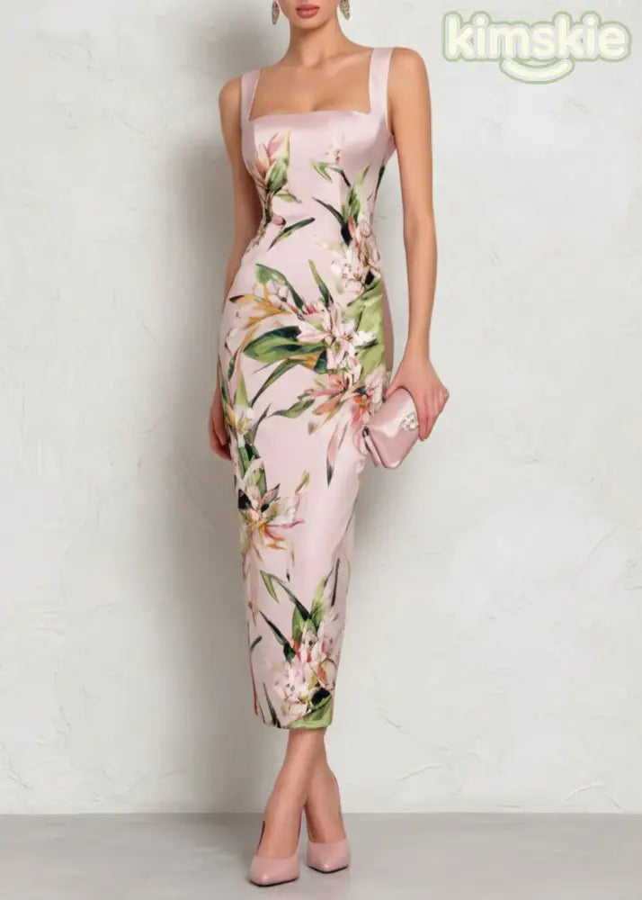 Dinner Pink Square Collar Print Long Dresses Summer