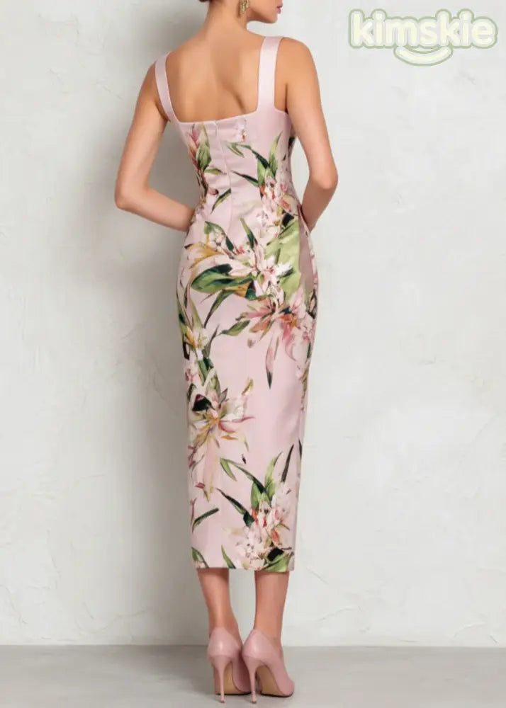 Dinner Pink Square Collar Print Long Dresses Summer