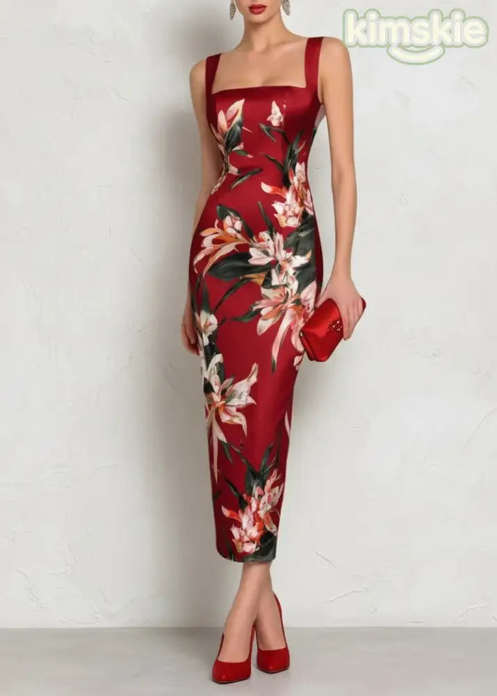 Dinner Pink Square Collar Print Long Dresses Summer