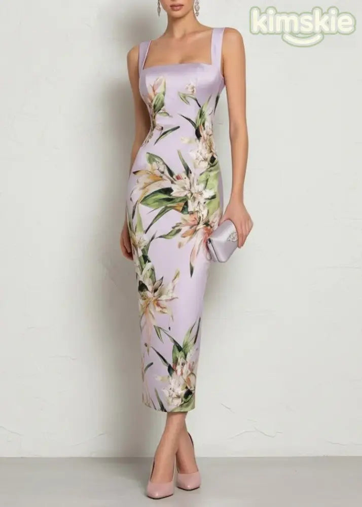 Dinner Pink Square Collar Print Long Dresses Summer