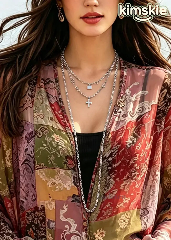 DIY Red Oversized Print Chiffon Shirts Flare Sleeve