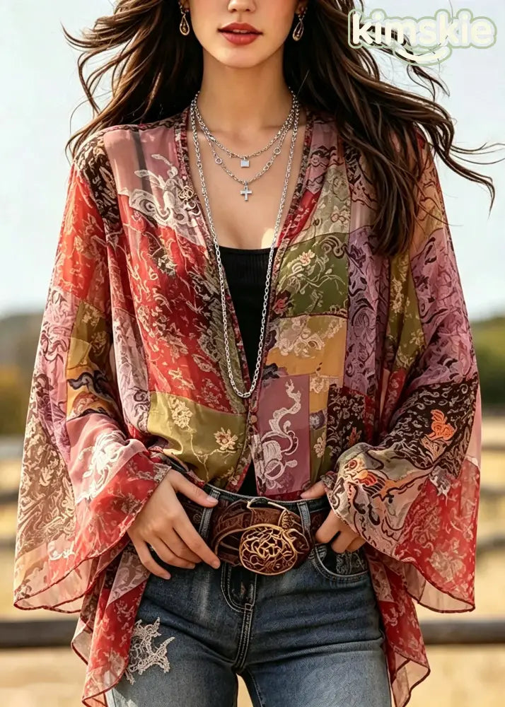 DIY Red Oversized Print Chiffon Shirts Flare Sleeve